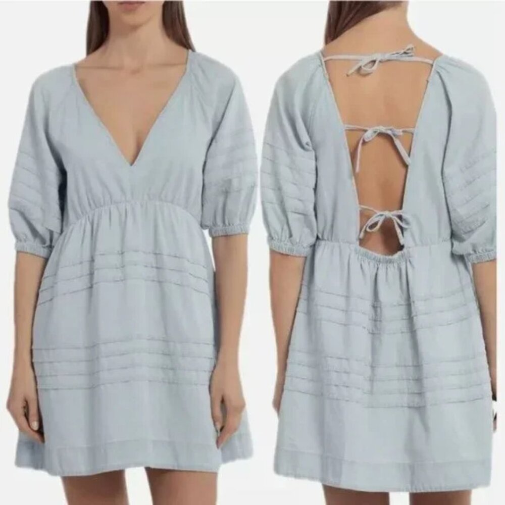 74AMK Seven For All Mankind Denim Babydoll‎ Tie Back Mini Dress Light Blue Small